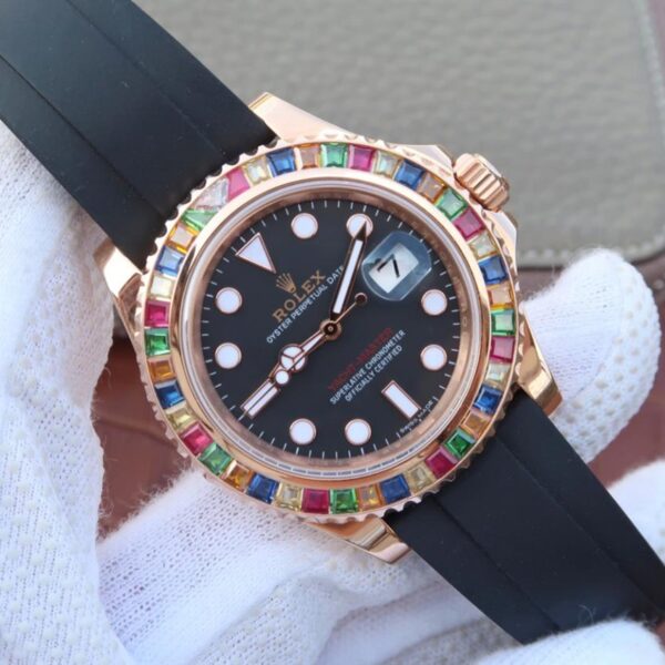 Yacht-Master 1 Golden Diamond Bezel Black Dial Rubber Strap 40mm - Image 11