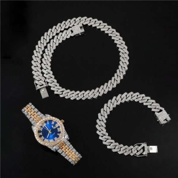 18k Gold Diamond Prong Cuban Link Watch Set (3 Pieces) - Image 11