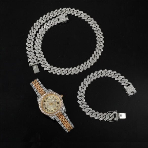 18k Gold Diamond Prong Cuban Link Watch Set (3 Pieces) - Image 9