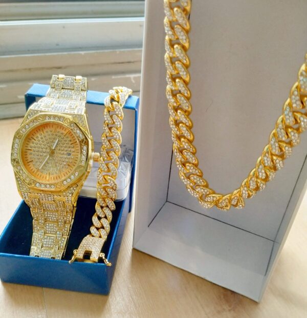 Premium 18K Gold Miami Cuban Link Watch Set ( 3 Pieces )