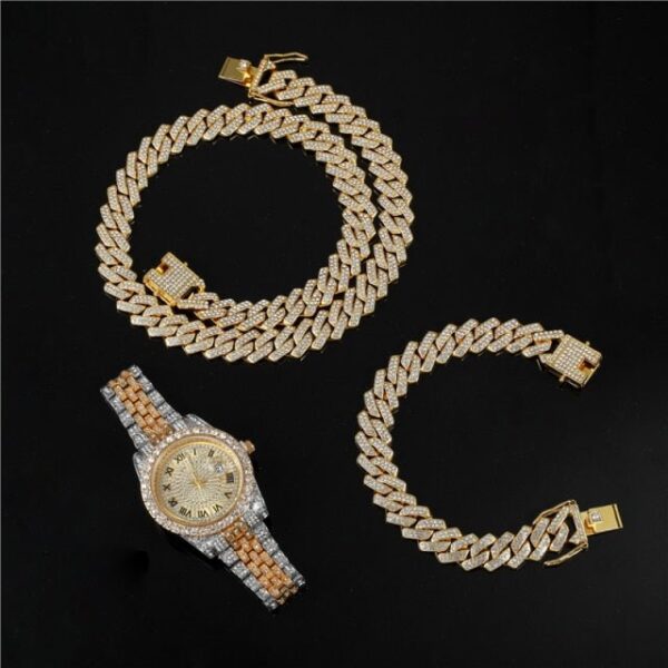 18k Gold Diamond Prong Cuban Link Watch Set (3 Pieces) - Image 6