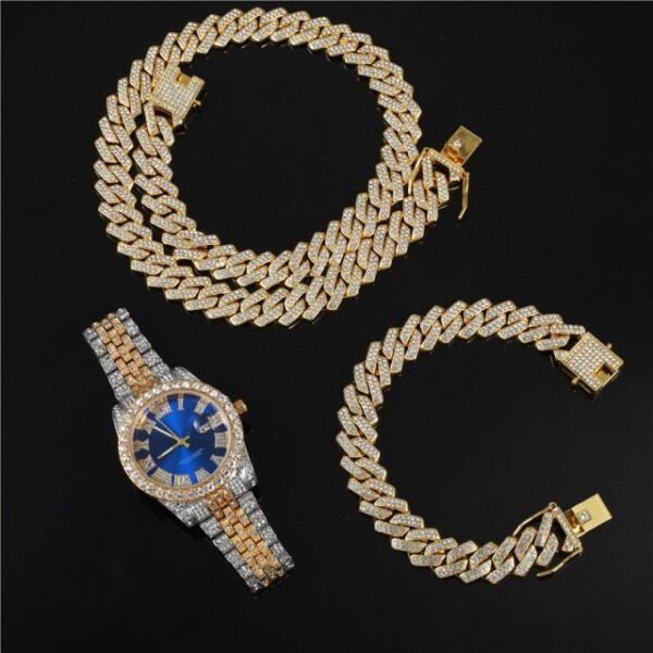 18k Gold Diamond Prong Cuban Link Watch Set (3 Pieces) - Image 10