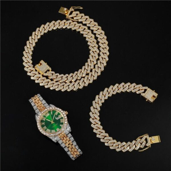 18k Gold Diamond Prong Cuban Link Watch Set (3 Pieces) - Image 4