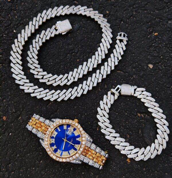 18k Gold Diamond Prong Cuban Link Watch Set (3 Pieces)